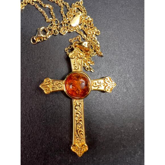 NEW Baltic Amber cross pendant in gold over sterling silver - Picture 15 of 16